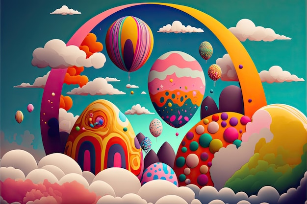 Moderno banner de ovos de Páscoa de cores brilhantes Mundo de fantasia de arte pop colorido com nuvens na forma de ovos e bolas de Páscua brilhantes