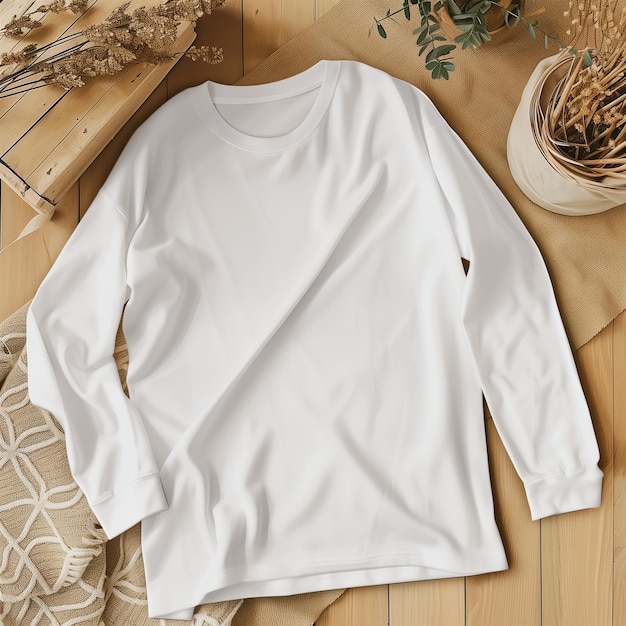 Moderno branco adulto de mangas longas T-Shirt Mockup deitado plano para design de vestuário