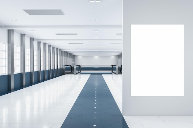 Moderno centro comercial de azulejos azules y blancos o interior del aeropuerto con maquetas vacías de ventanas de pancarta vista de la ciudad y escaleras mecánicas Concepto de área pública Representación 3D