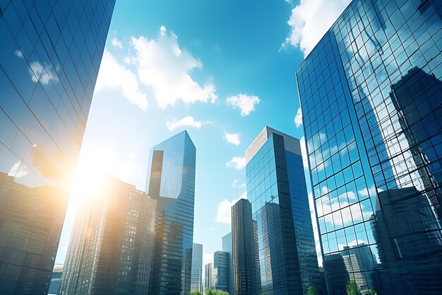 moderno centro de negocios con rascacielos y sol en el cielo azul