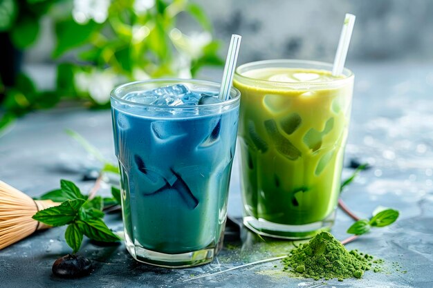 Moderno chá matcha latte azul e verde em um copo com um canudo