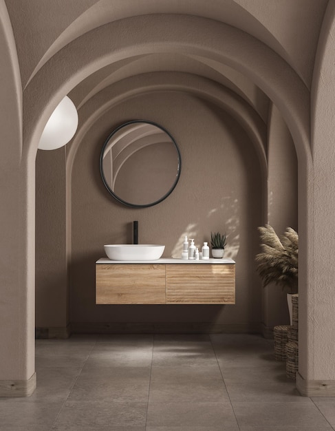 Moderno conceito de decoração bege interior de banheiro de meados do século e minimalista, vaidade de madeira. renderização em 3D