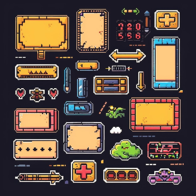 Foto moderno conjunto de modelos de ui de 8 bits de quadros de jogo, flecha e mensagens de bolha de fala retro tema de 8 bits com quadros de arte de pixel