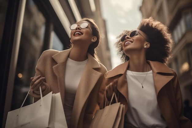 Moderno de duas mulheres de pé em uma rua AI