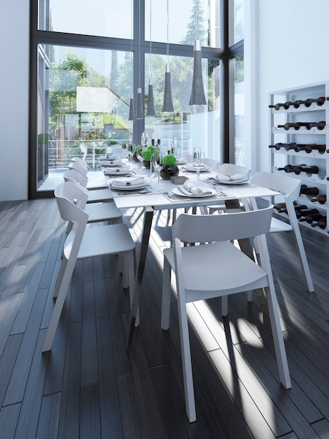 Moderno diseño de comedor con botellero y mesa servida con muebles blancos y parquet gris.