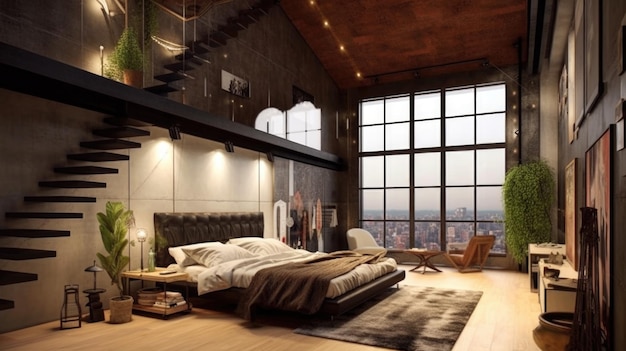 Un moderno diseño interior de dormitorio tipo loft con grandes ventanas de vidrio y escalera de madera AI generativo AIG27