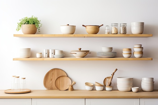 Un moderno diseño interior de inspiración escandinava para una cocina con elegantes platos de cerámica