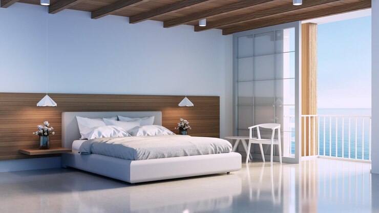 Moderno dormitorio blanco y de madera junto a la playa con vista al mar renderización 3D