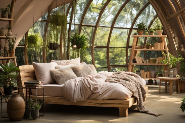 Foto moderno dormitorio boho con muchas plantas cama acogedora y vista al jardín