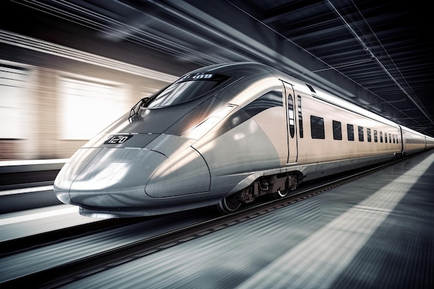 Moderno e elegante trem de alta velocidade correndo ao longo dos trilhos criados com IA generativa