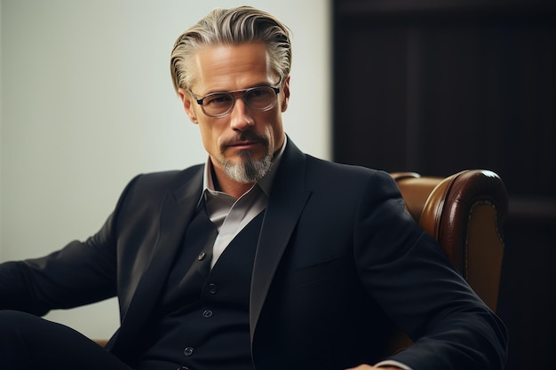 Moderno e sofisticado homem de cabelos cinzentos em terno preto