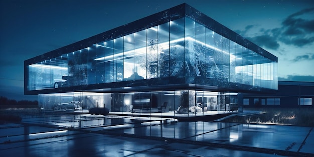 Un moderno edificio de oficinas moderno con piso de vidrio y pared negra en el exterior