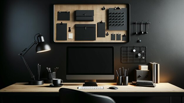 moderno y elegante escritorio de oficina configuración modelo de computadora en una mesa elegante contra una pared negra