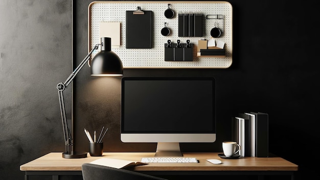 moderno y elegante escritorio de oficina configuración modelo de computadora en una mesa elegante contra una pared negra