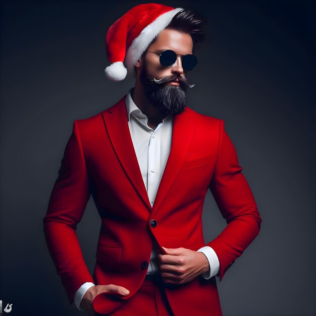 Un moderno y elegante Papá Noel vestido con un elegante traje rojo con una barba de moda y gafas de sol