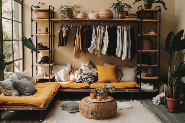 moderno y elegante salón interior con sofá de madera y planta de interior