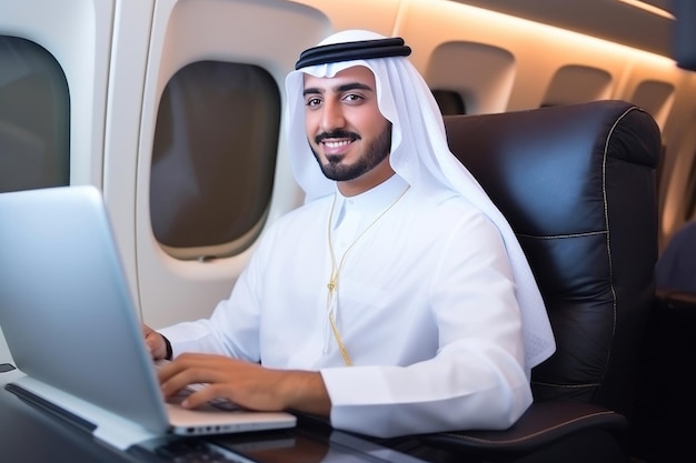 Moderno empresario emiratí en primera clase de lujo
