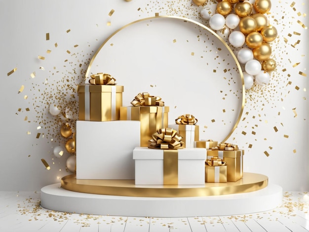 Moderno escenario de moda blanco y dorado con cajas de regalos y confeti de Año Nuevo y Navidad
