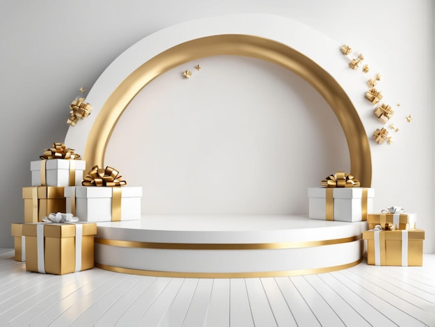 Moderno escenario de moda blanco y dorado con cajas de regalos y confeti de Año Nuevo y Navidad