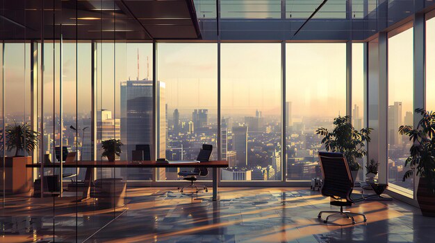Foto moderno espacio de trabajo corporativo pared de vidrio con mesa y sillas