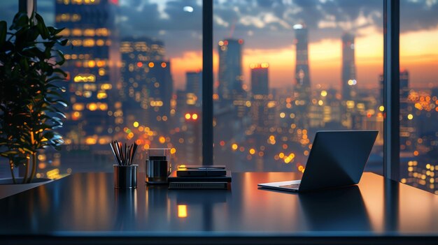 Foto un moderno espacio de trabajo de oficina con vistas a un vibrante paisaje urbano nocturno desde un edificio de gran altura un elegante escritorio de computadora portátil y organizador personal están ordenadamente dispuestos