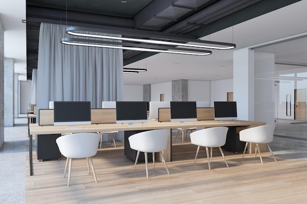 Moderno y espacioso interior de oficina de coworking de hormigón con muebles, cortinas de suelo de madera y monitores de ordenador vacíos 3D Rendering