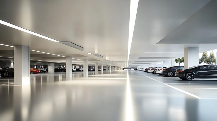 Un moderno estacionamiento de varios niveles con espaciosos carriles y un diseño aerodinámico que se centra en los detalles arquitectónicos