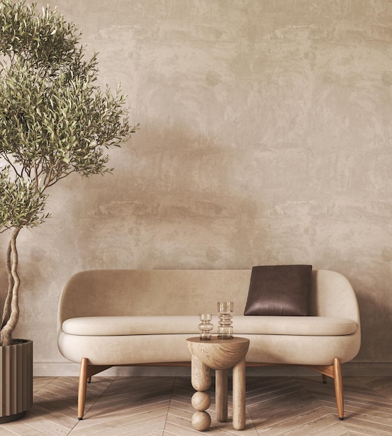Moderno estilo escandinavo design conceitual interior sala mock up moldura beige gesso parede minimalista