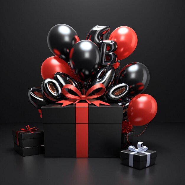 Moderno fondo de viernes negro con regalos y globos venta diseño de banner Generative Ai