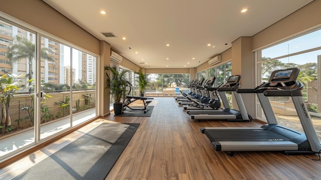 Un moderno gimnasio de hotel con equipos de última generación y un amplio diseño
