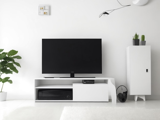 Moderno gran Smart TV Mockup en el baño de madera sala de estar con pared gris renderización 3D