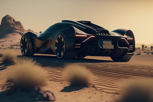 Un moderno y hermoso auto negro en el desiertoCoche innovador futurista IA generativa