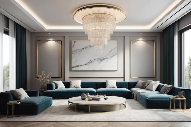 Moderno hogar de lujo decoración interior de la sala de estar con lámparas sofá