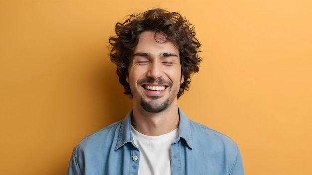 Foto moderno hombre alegre hipster con sonrisa dentada cierra los ojos de la risa