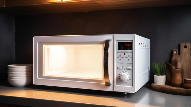 Moderno horno microondas en cocina generativa ai