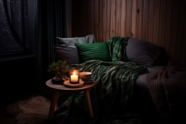 El moderno hygge de invierno se establece en la sala de estar con elementos interiores de color verde oscuro almohadas suaves a cuadros en el sofá