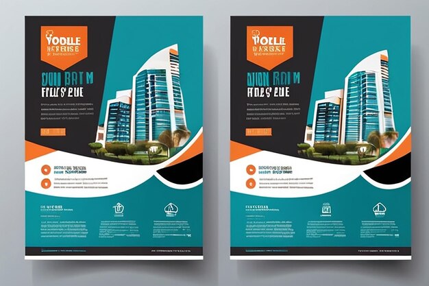 Foto moderno imóvel negócio flyer design duas cores vector template a4 tamanho teal cor laranja forma layout