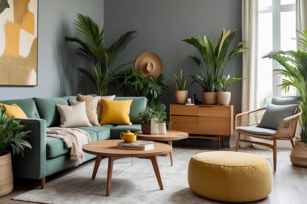 Foto moderno interior boho de la sala de estar en un apartamento acogedor con diseño de mesa de café sofá gris