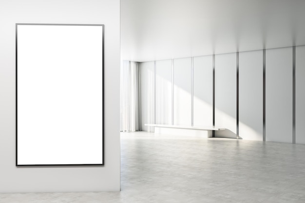 Moderno interior de hormigón brillante con afiche blanco vacío en el banco de la pared y ventana con vistas a la ciudad Concepto de galería Representación 3D