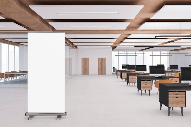 Moderno interior de oficina de coworking de hormigón y madera con equipo de afiches falsos blancos vacíos luz del día y muebles 3D Rendering