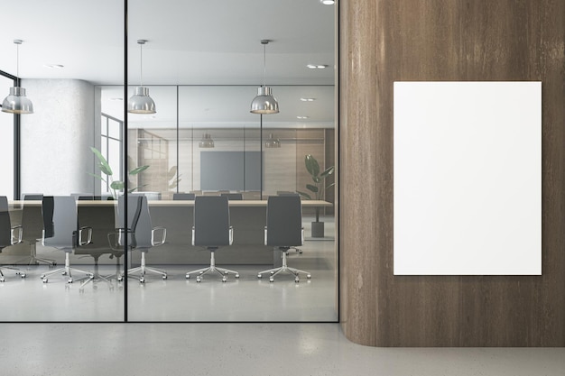 Moderno interior de oficina de coworking de hormigón y vidrio de madera con pancarta blanca en blanco en la ventana del equipo de muebles de pared y vista de la ciudad Concepto de lugar de trabajo legal y comercial de la ley Representación 3D