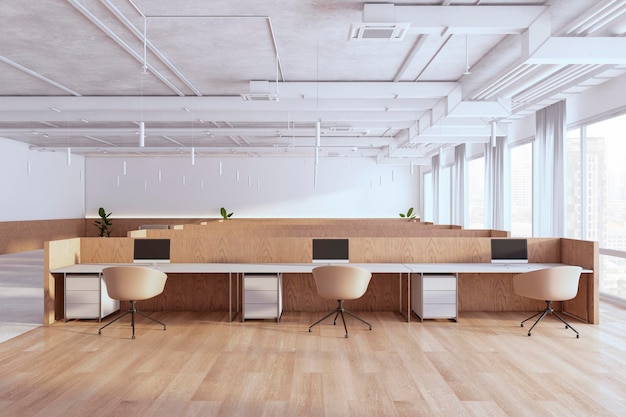 Moderno interior de oficina de coworking de madera y hormigón brillante con ventanas panorámicas y representación 3D de la luz del día