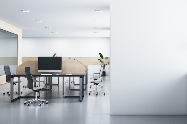 Moderno interior de oficina de coworking de madera y hormigón con lugar de maqueta vacío en reflejos de vidrio de pared y muebles 3D Rendering