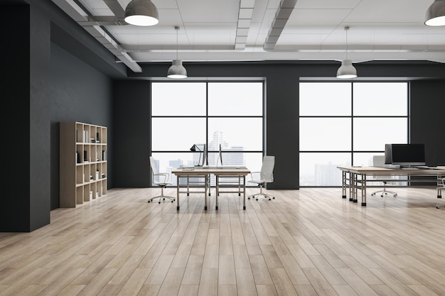 Moderno interior de oficina de coworking de madera y hormigón con ventana de estantería de muebles con vista a la ciudad 3D Rendering