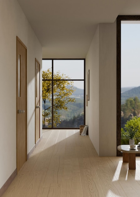 Moderno interior de pasillo de casa o apartamento contemporáneo con ventana grande de puerta de madera