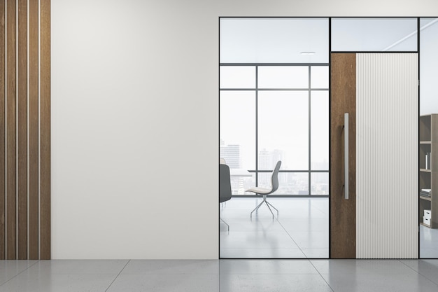 Moderno interior de pasillo de oficina de madera y hormigón con lugar de maqueta en blanco en la ventana de muebles de pared con vista a la ciudad y representación 3D de la luz del día