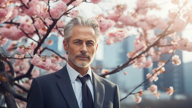 Moderno joven feliz sonriente anciano hombre de negocios con cabello gris contra el fondo cereza rosa