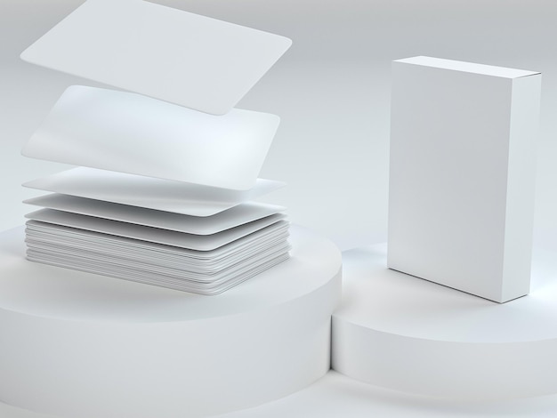 Moderno juego de cartas mock up d renderización escena blanca con podio y tarjetas corporativas de papel