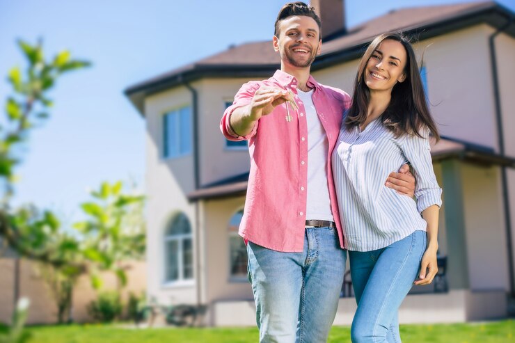 Foto moderno, lindo e animado jovem casal apaixonado em frente à nova casa grande com as chaves nas mãos e se abraçando enquanto comemoram esta compra