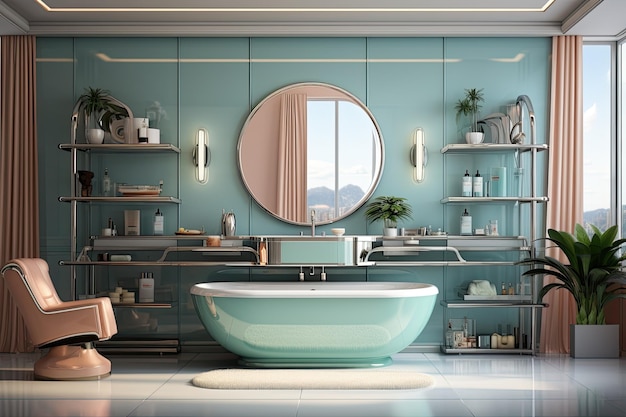 Foto moderno y loco del baño hay un estante para artículos de tocador lavabos y espejosgenerativo ai